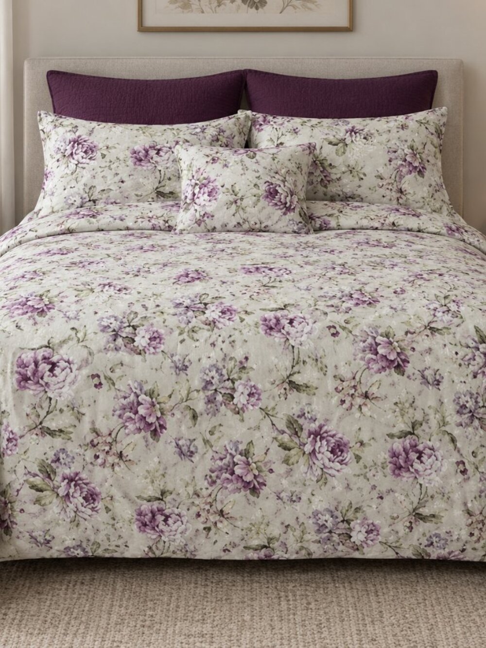 Floral Queen Size Quilted Bedspread in Lavender and Green - Brand